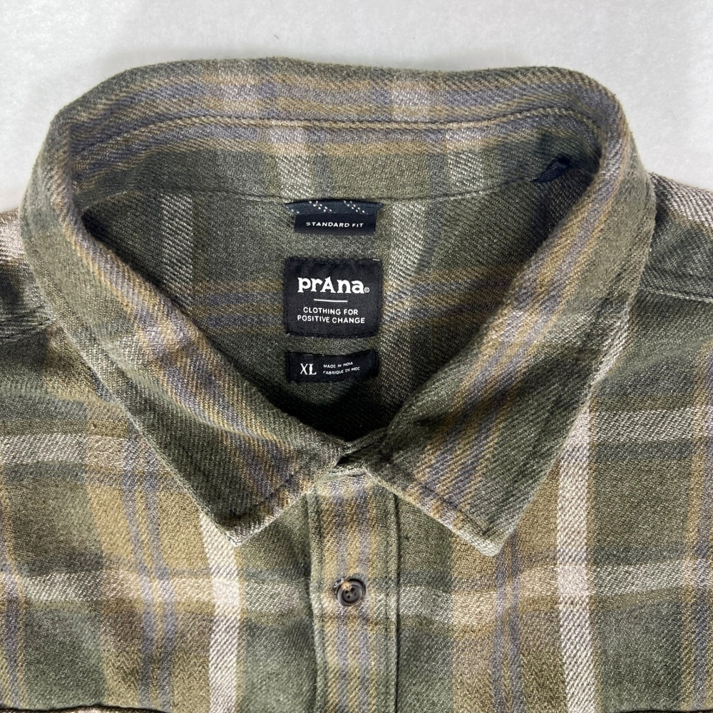 Prana Westbrook Flannel Shirt XL Green Brown Plaid Gorpcore Hiking Outdoor Camp - Picture 2 of 9